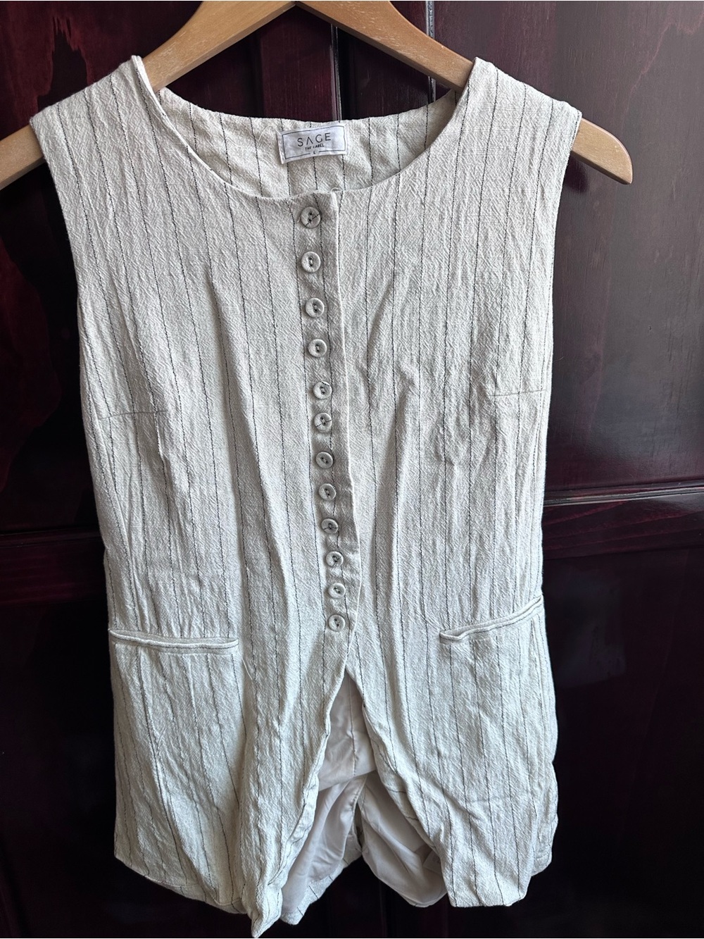 Sage the Label Button-Front Sleeveless Vest Top in Natural Stripe